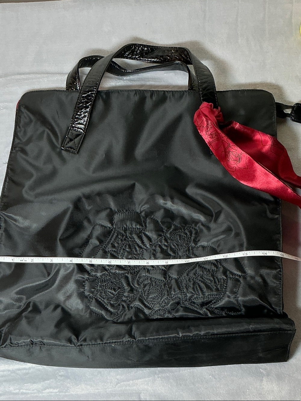 Lancome Black Tote with Red Scarf Accent